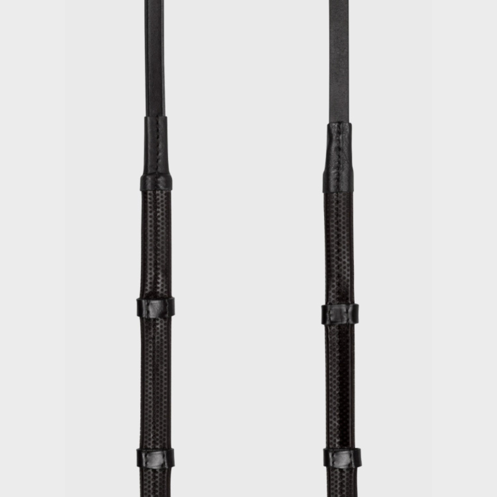 Rubber Grip Reins With 7 Leather Stops & Martingale Stoppers | Black