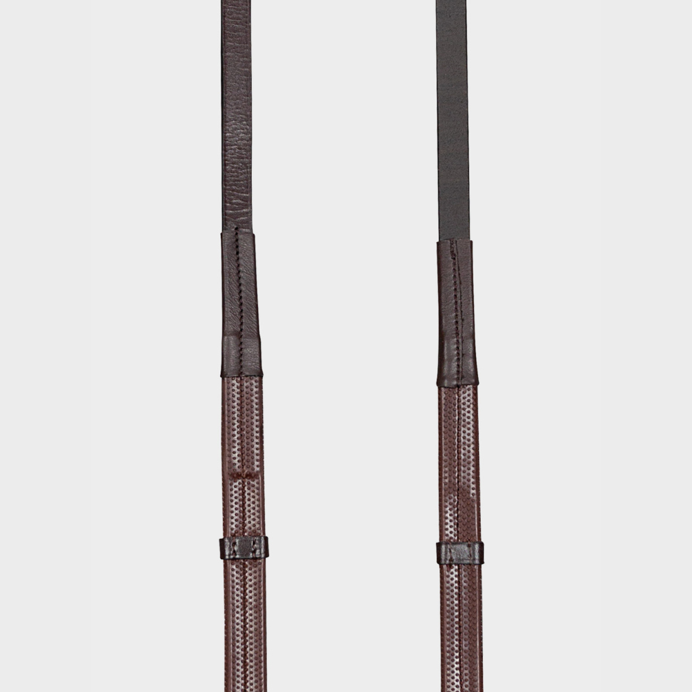Rubber Grip Reins With 7 Leather Stops & Martingale Stoppers | Brown