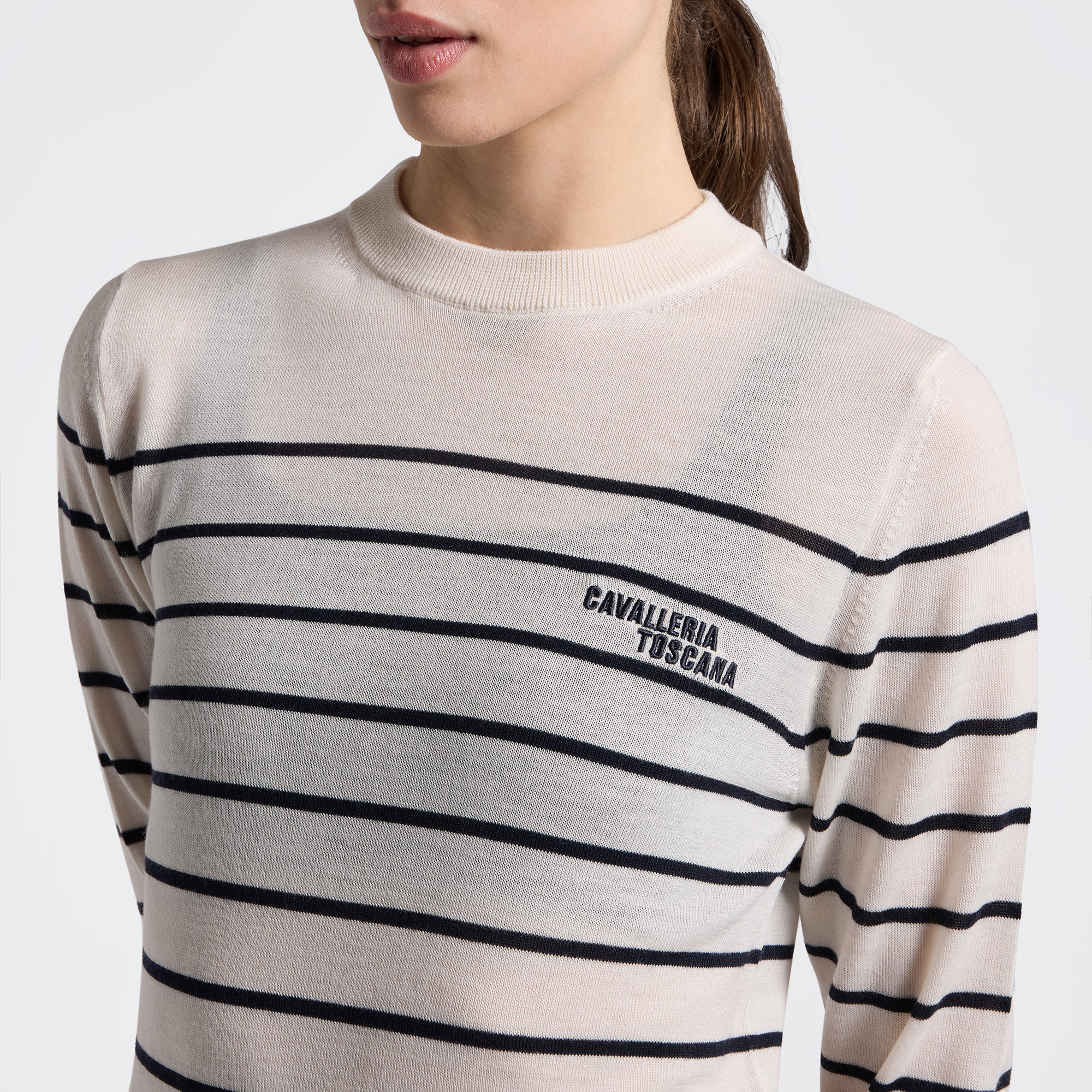 Ladies CT Stripe Merino Wool Crew Neck Sweater | Navy Stripes
