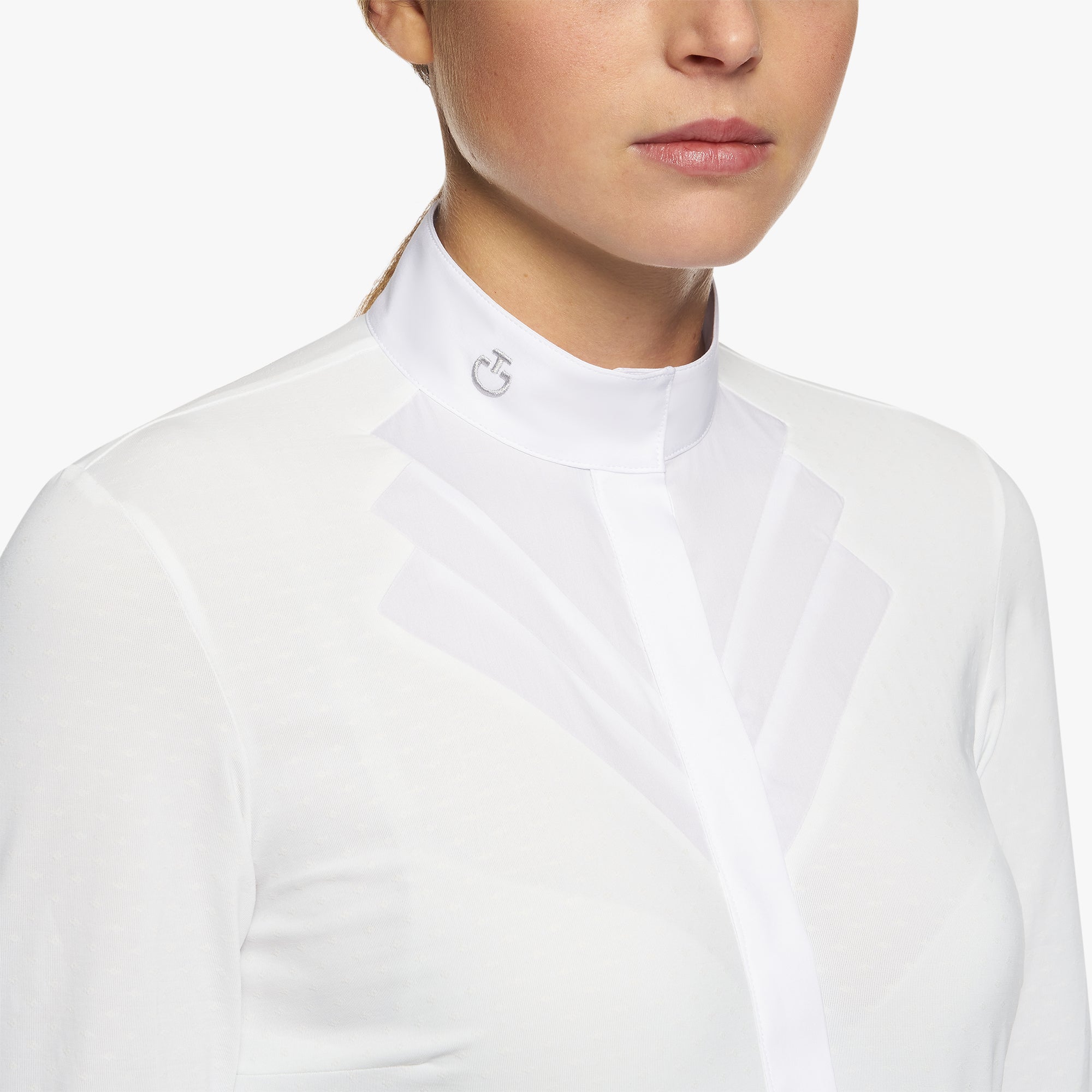 product shot image of the Ladies Fan Bib Swiss Dot L/S Show Shirt - White