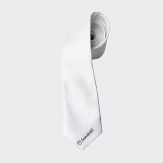 A white necktie with the Samshield logo at the end.